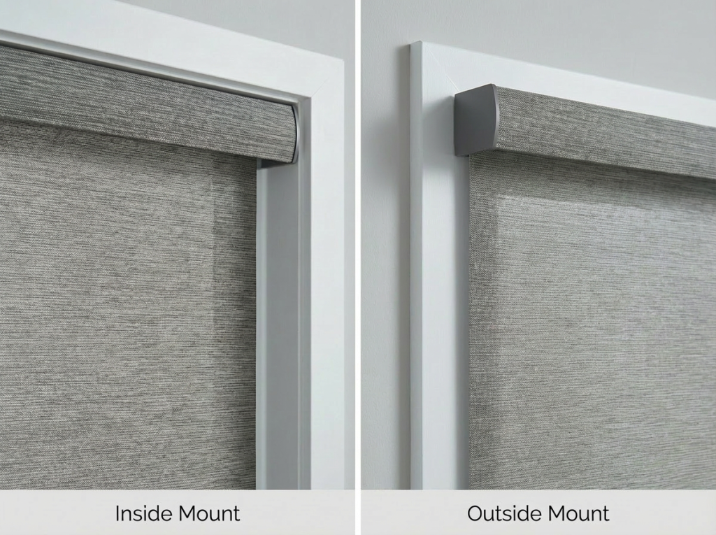 Inside mount blinds vs outside mount shade comparison on a window (side-by-side examples).