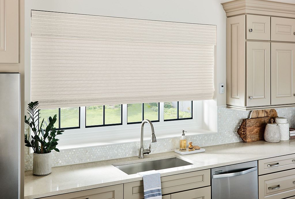 White blinds in a minimalist living room with clean lines and bright natural light