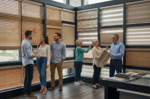 People in a showroom comparing blinds and window shades online, with blinds on one side and shades on the other.