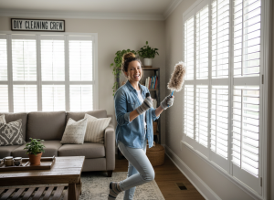 Cheerful homeowner cleaning window shutters with a feather duster.